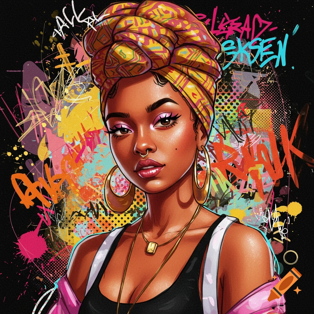 A woman in a colorful head wrap and hoop earrings is shown against a vibrant graffiti background.