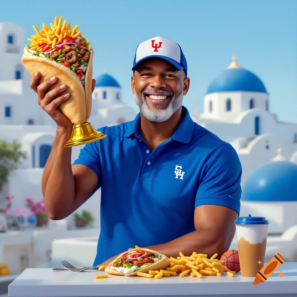 Smiling man in blue polo holds large gyro trophy in front of Santorini buildings.