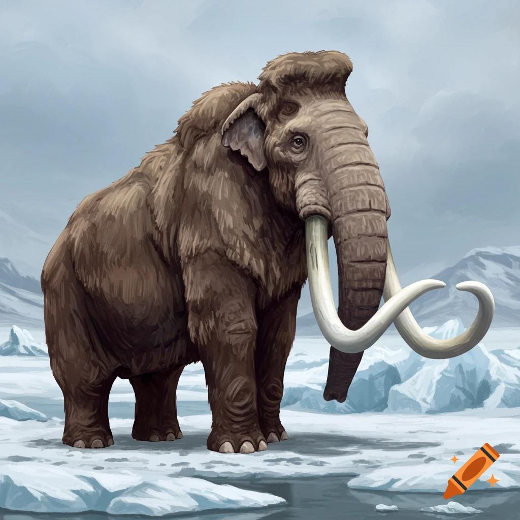 A woolly mammoth stands on ice in a snowy landscape.