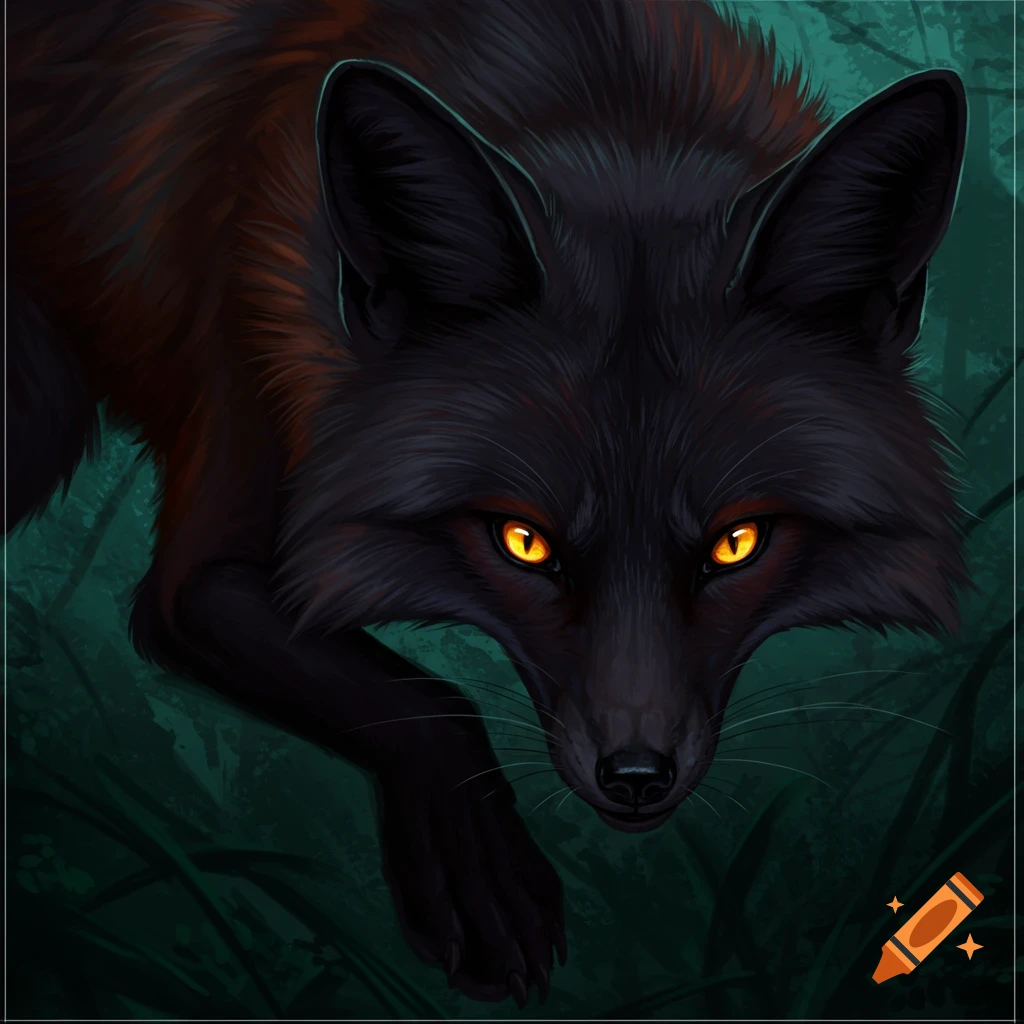 A black fox with glowing orange eyes in a dark forest.