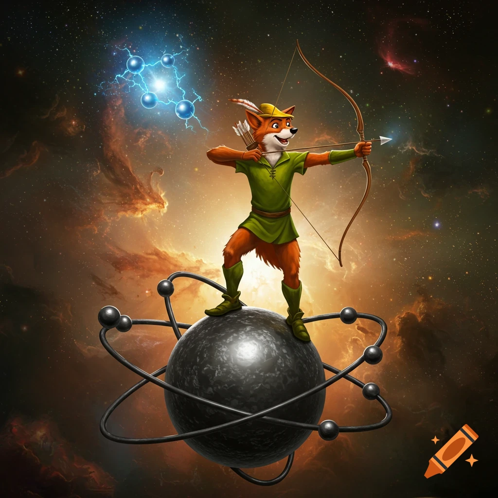 A cartoon fox dressed as Robin Hood stands on a stylized atom in space, aiming a bow and arrow.