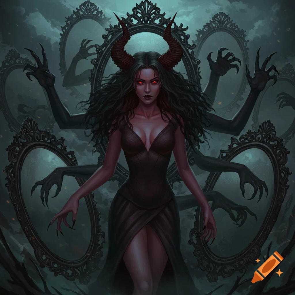 A devilish woman with horns and red eyes stands before mirrors from which dark, clawed arms emerge.