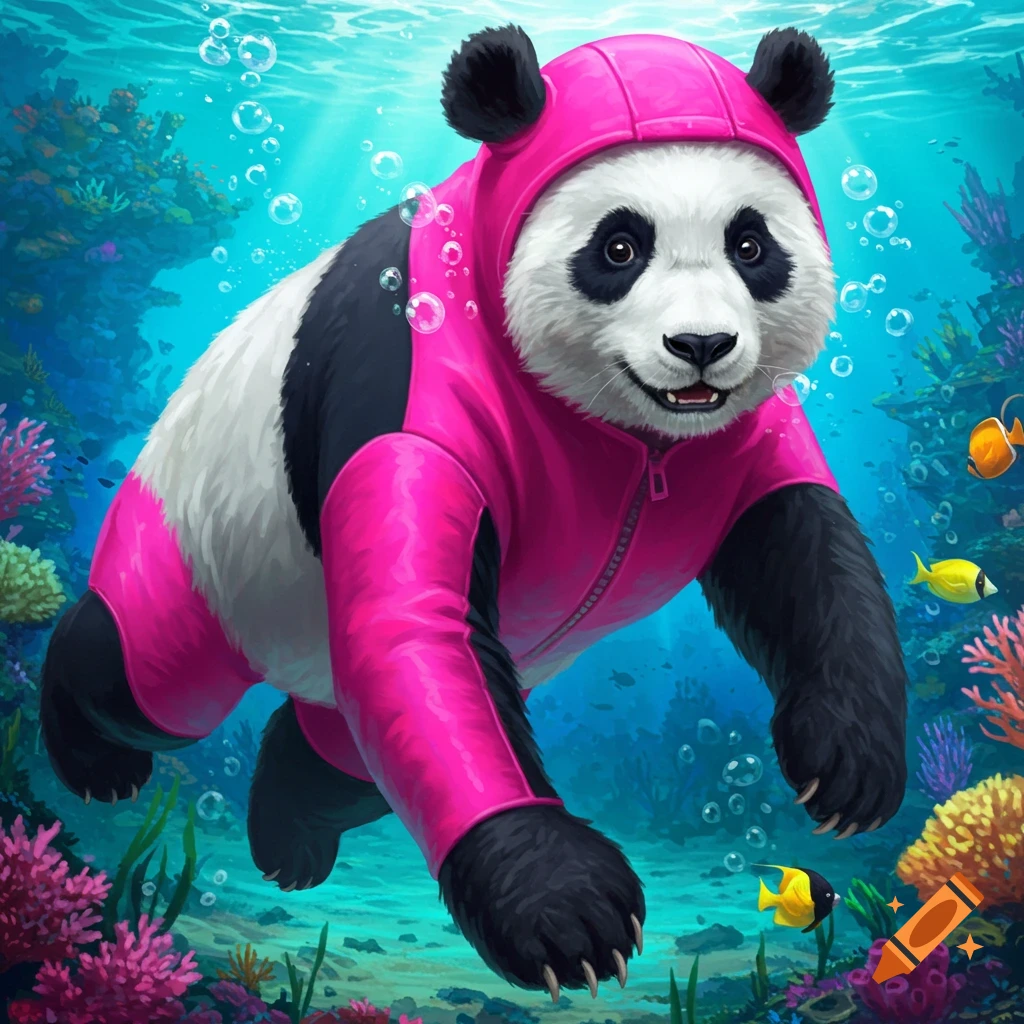 A panda in a pink wetsuit swimming underwater near coral and fish.