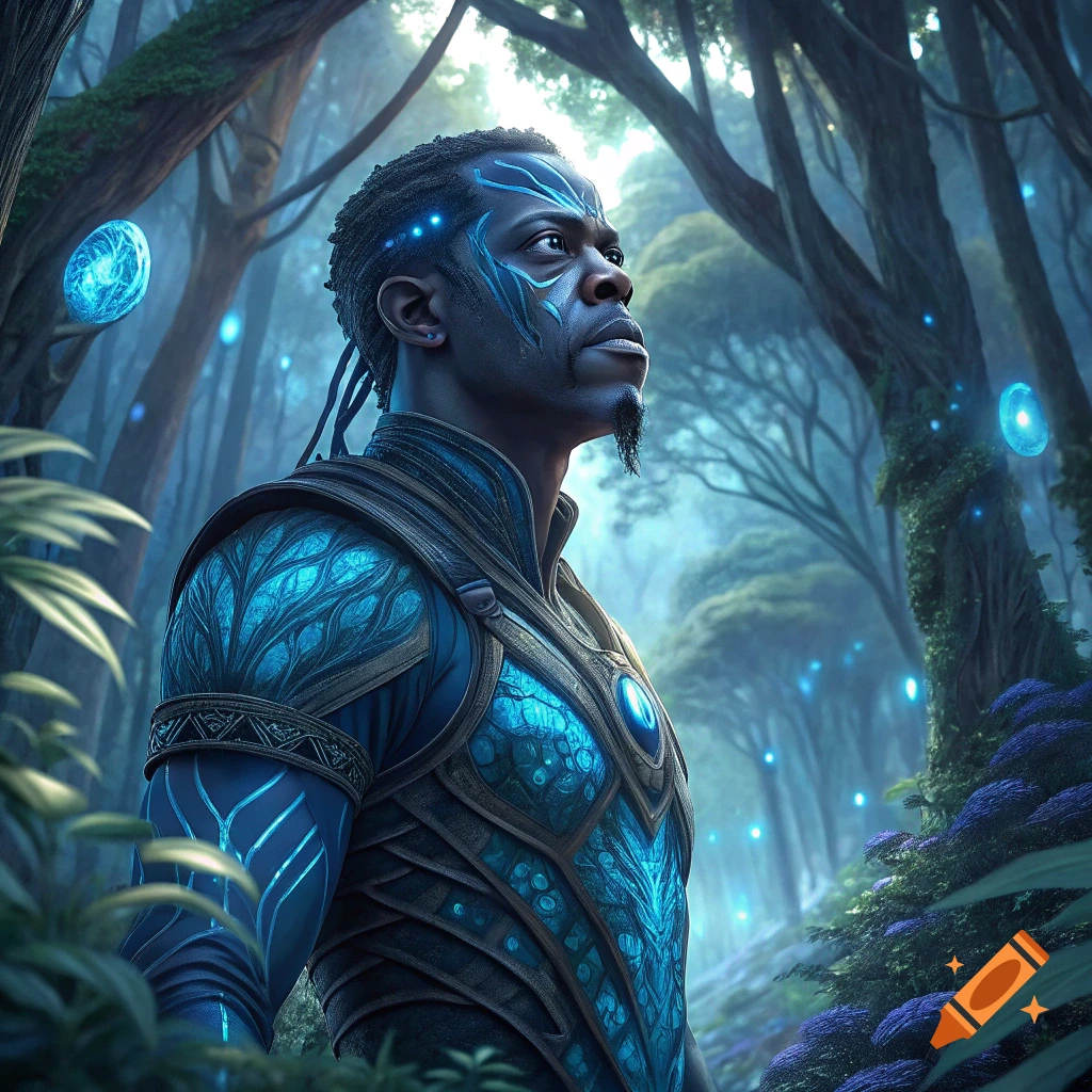 Fantasy portrait of a man with blue markings and tribal armor in a glowing forest