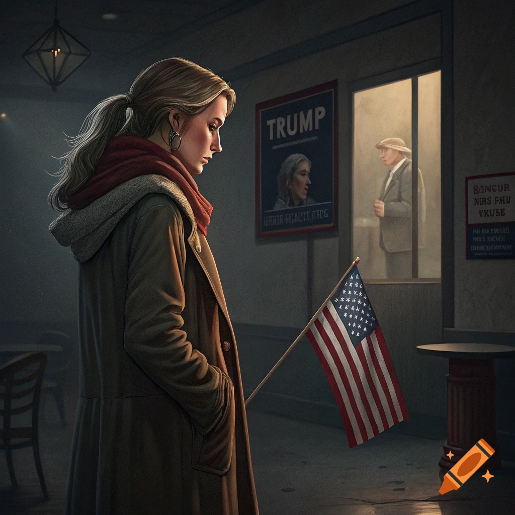 Woman with ponytail holds American flag, standing near a Trump poster