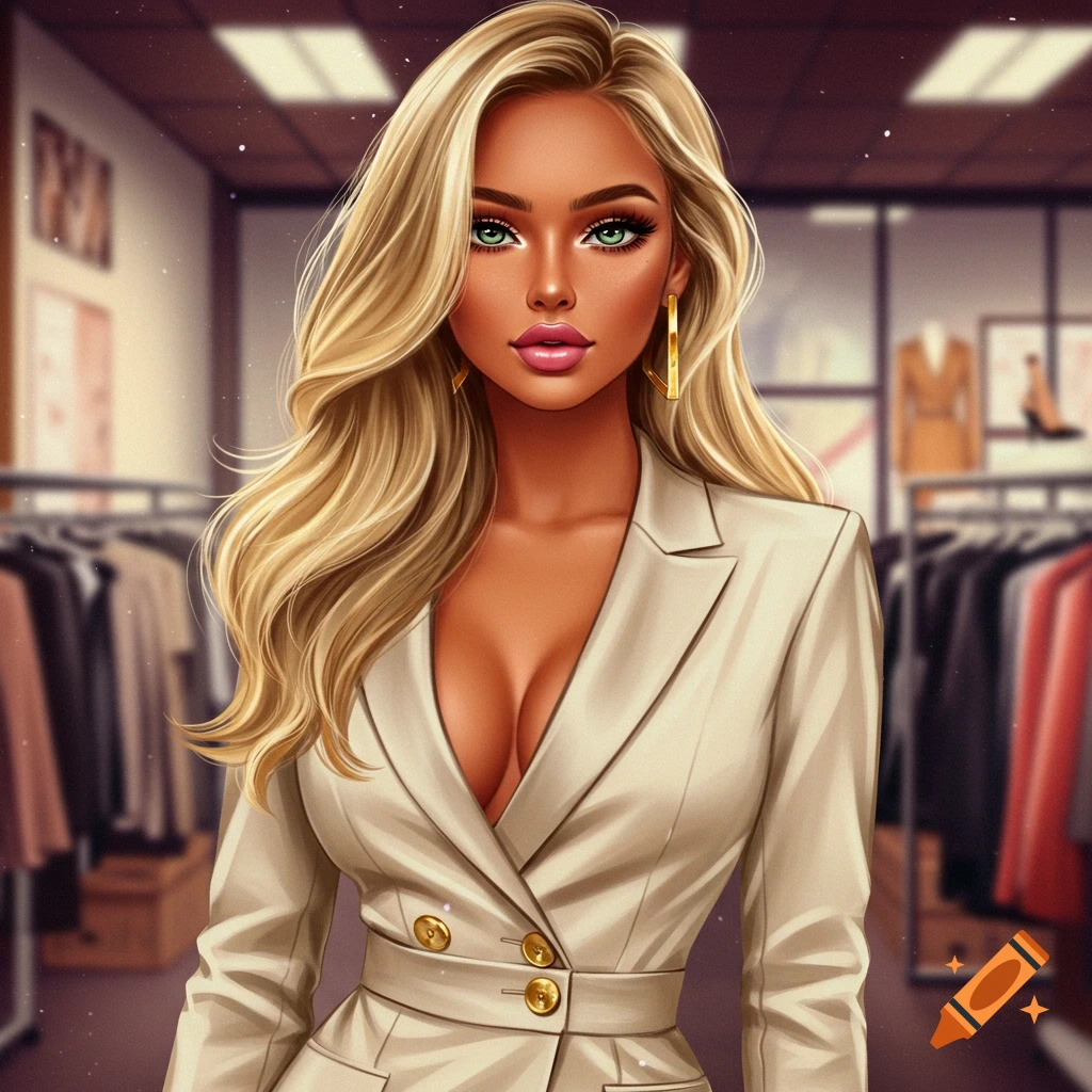Fashionable blonde woman in a cream suit standing in a clothing store.