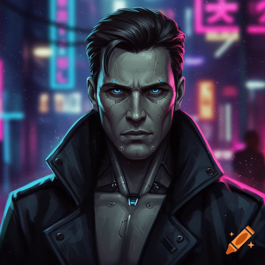 Painting of a cyberpunk male android detective with grey skin and a black trench coat.