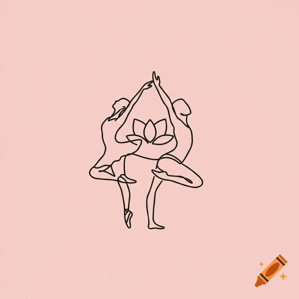 Single line drawing logo of two figures in poses with a lotus flower on a pink background.