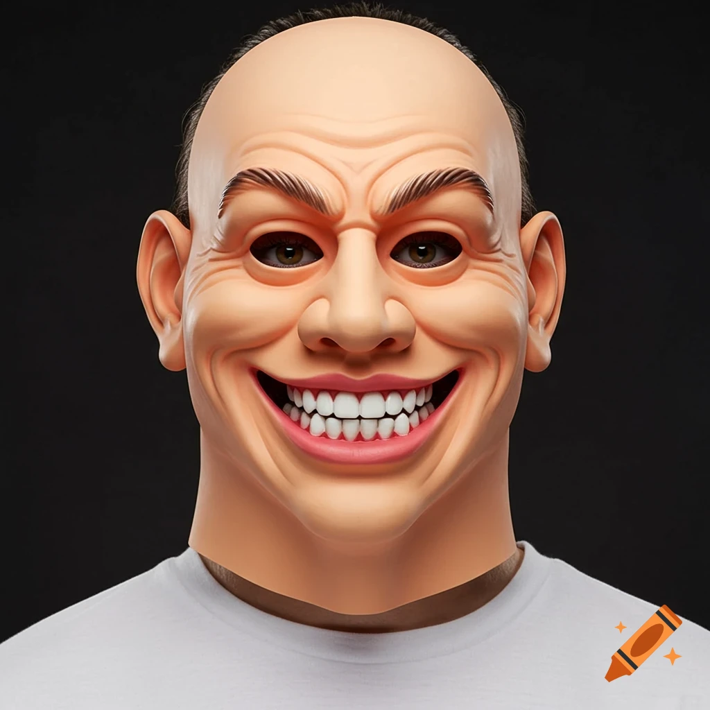 A person wearing a large, creepy smiling rubber mask.