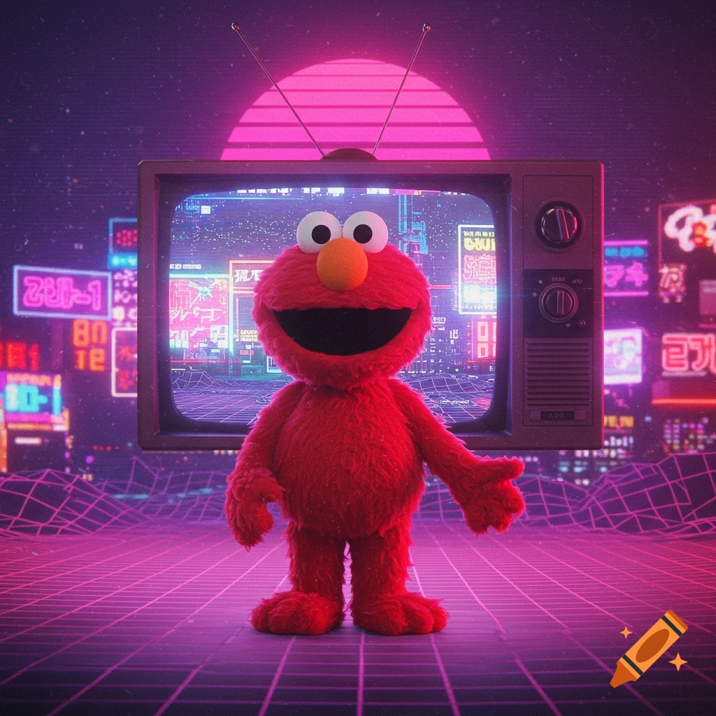 Elmo stands in front of a retro TV displaying a vaporwave cityscape with neon lights and a grid floor.