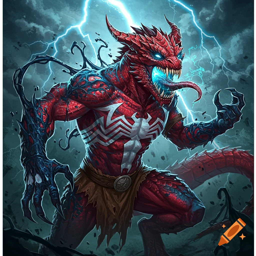 A red dragon-like creature with black Venom symbiote features and a white spider symbol on its chest, posed aggressively with lightning.