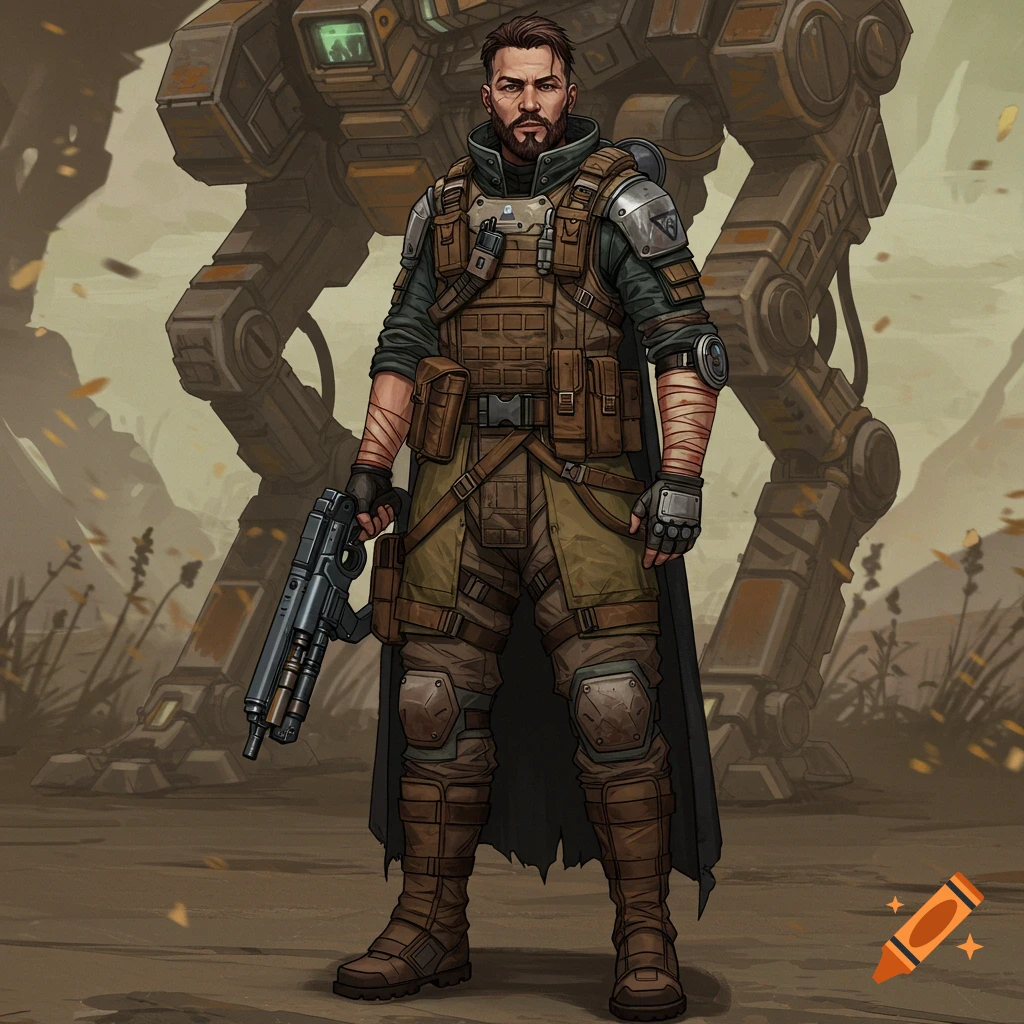 Graphic novel illustration of a sci-fi mech pilot with a gun standing in front of a large mech