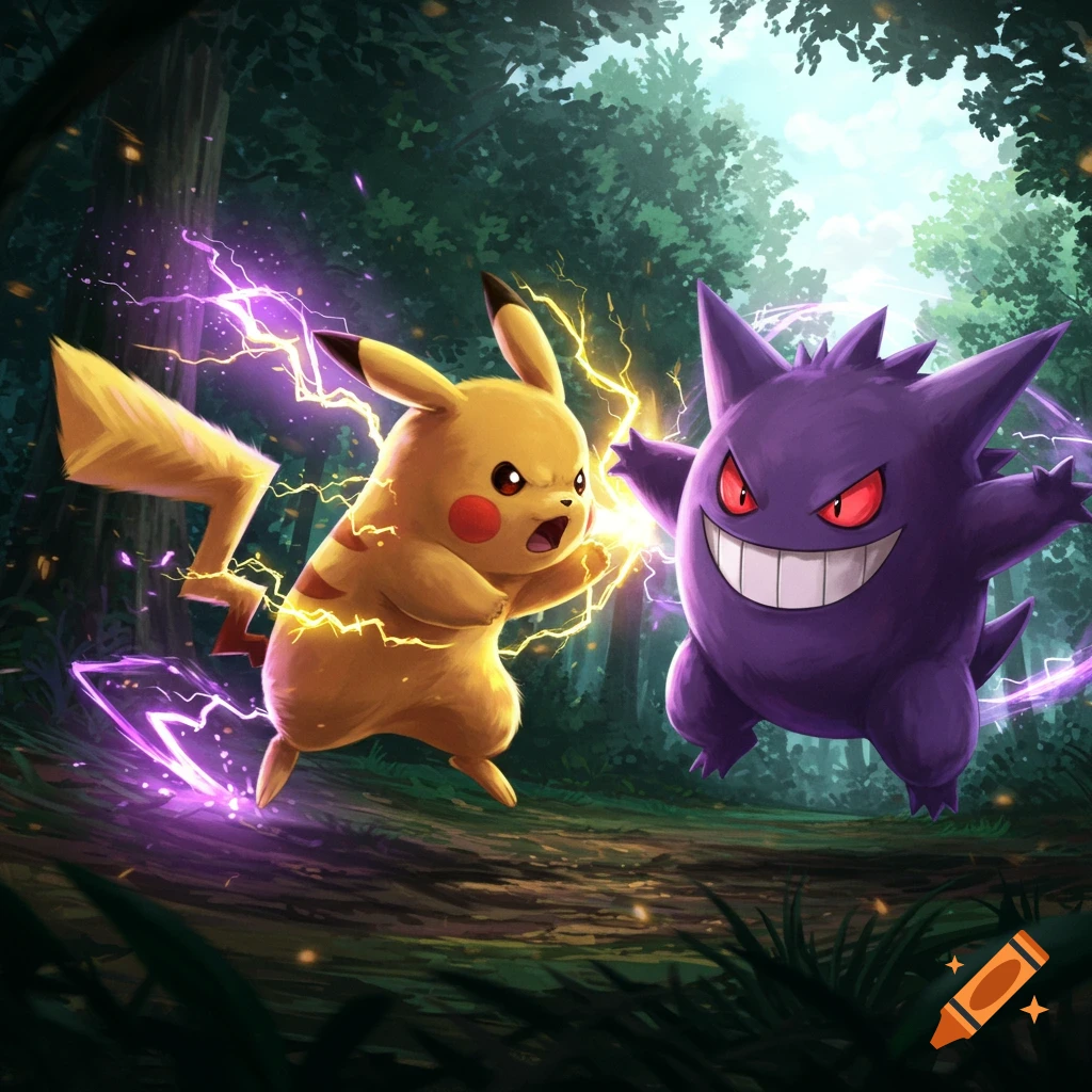 Pikachu and Gengar fighting in a forest with lightning effects, digital art style