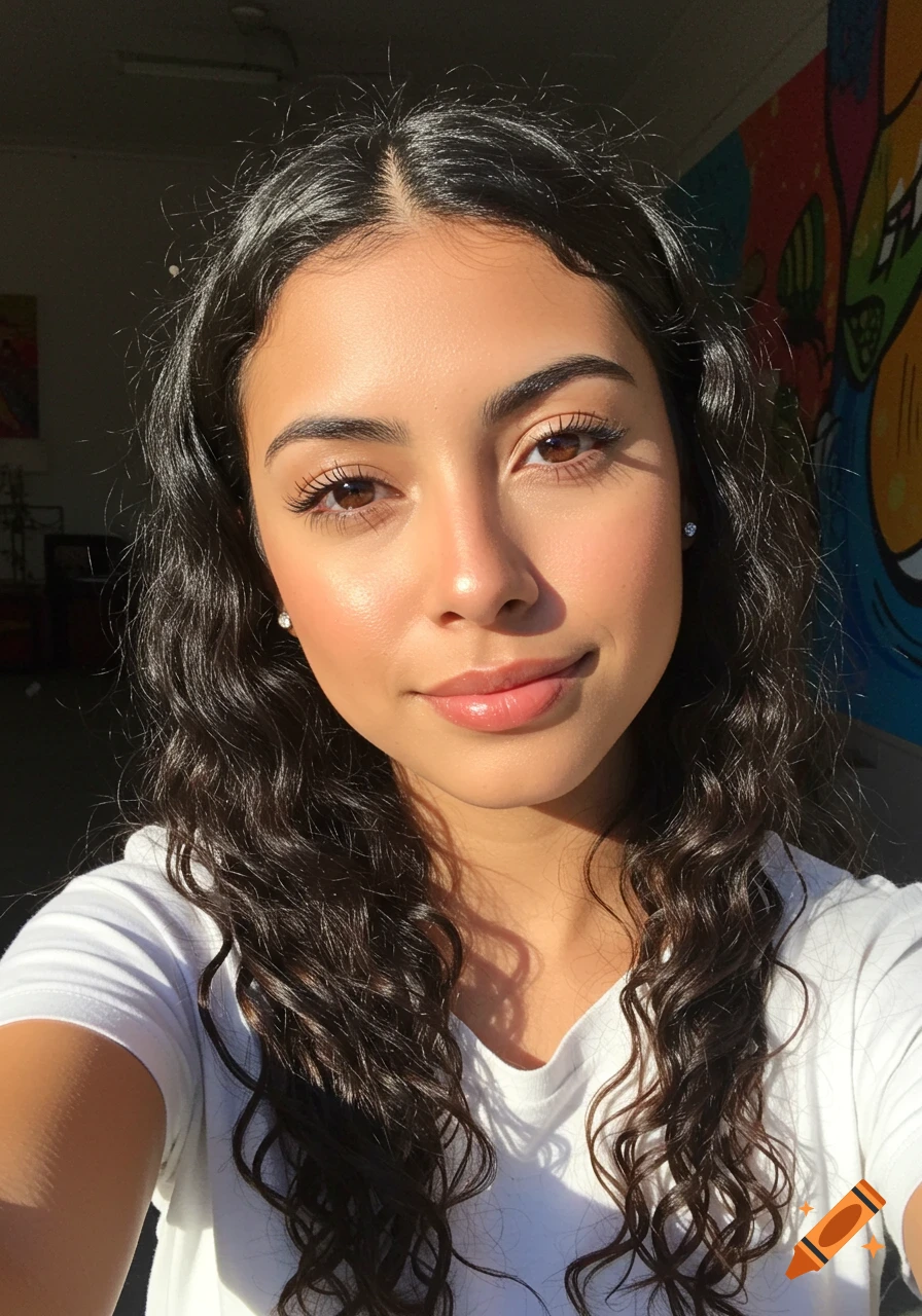 Selfie of a young woman with curly hair smiling in sunlight, colorful mural behind her.