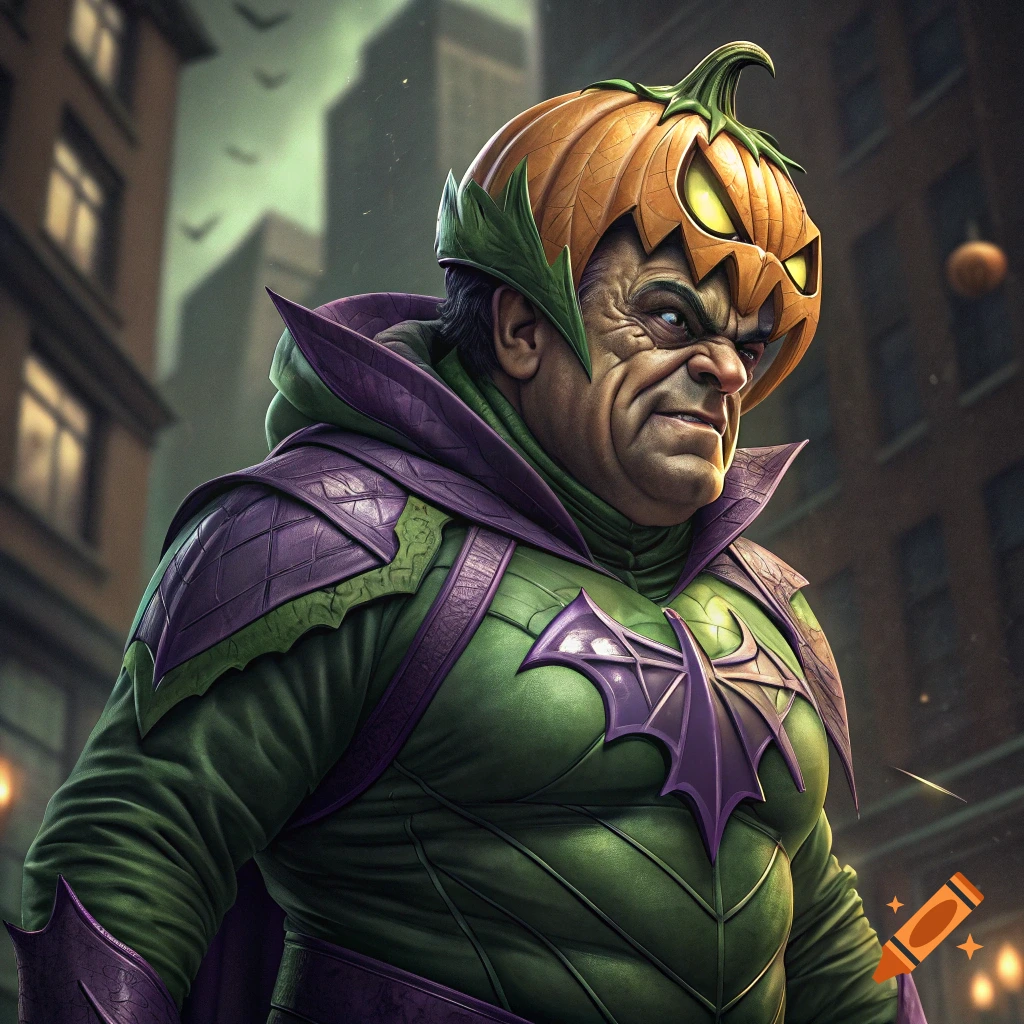 A character resembling the Green Goblin with a carved pumpkin head stands in a city street.