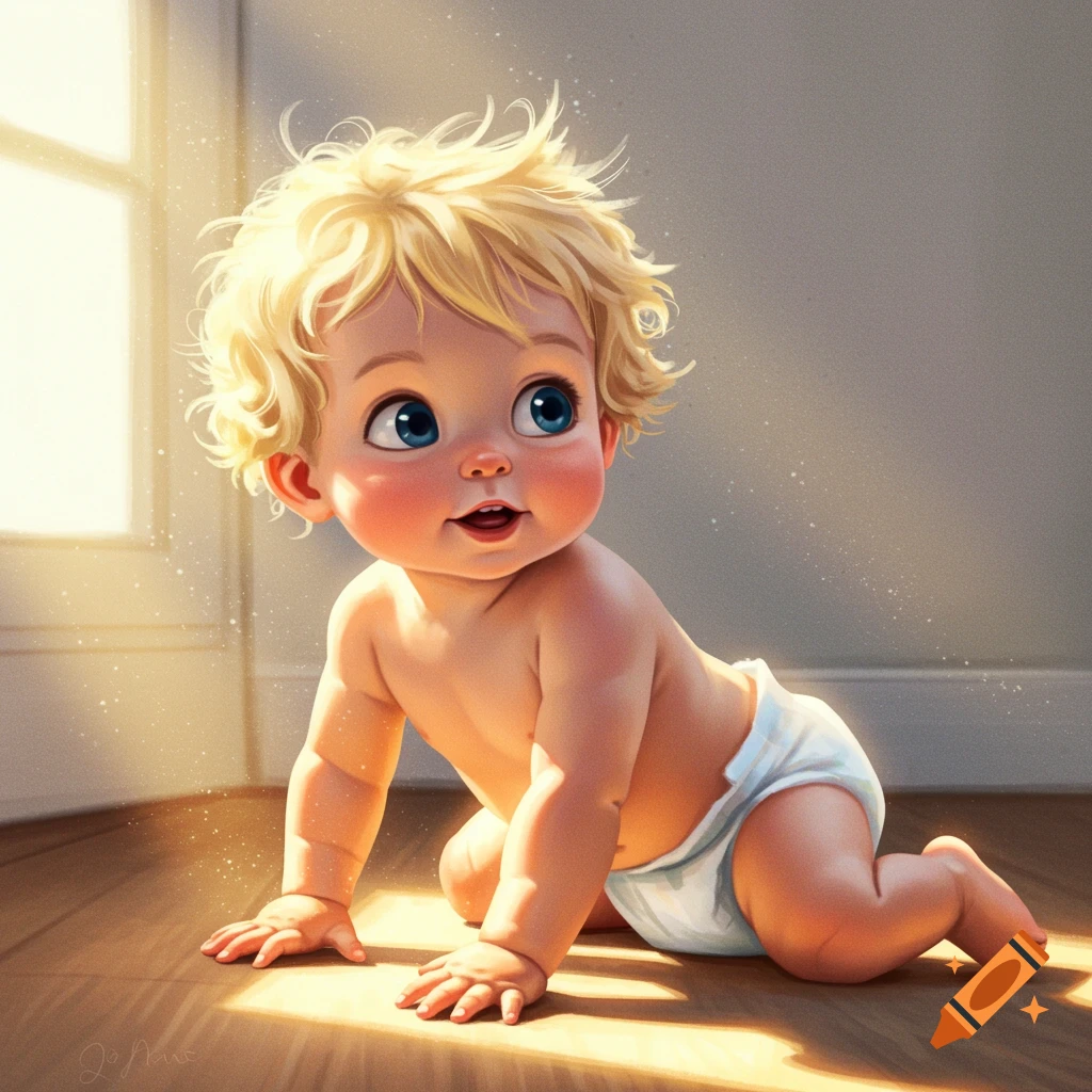 Illustration of a baby boy with blonde hair crawling in sunlight