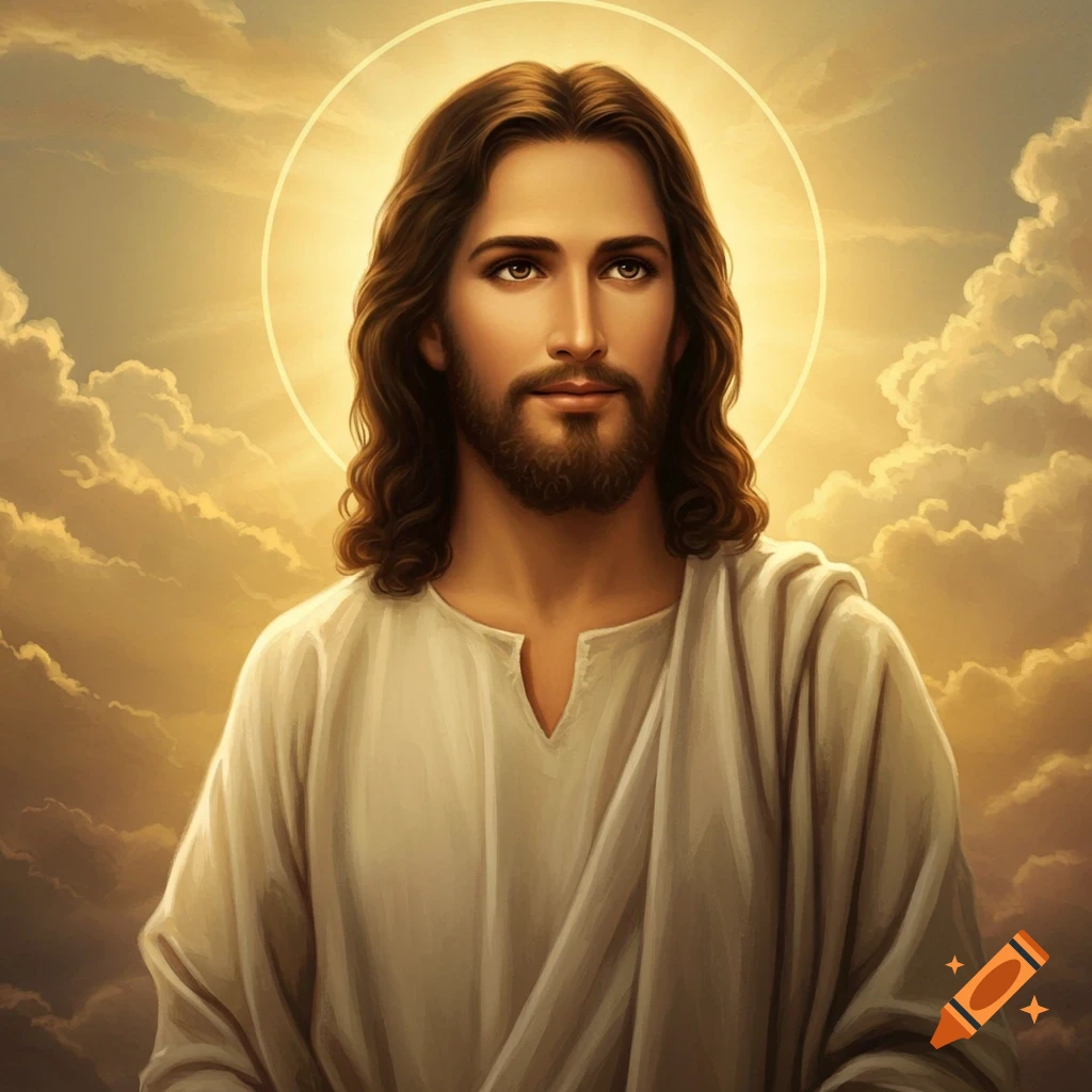 Jesus with a halo against a cloudy, golden sky.