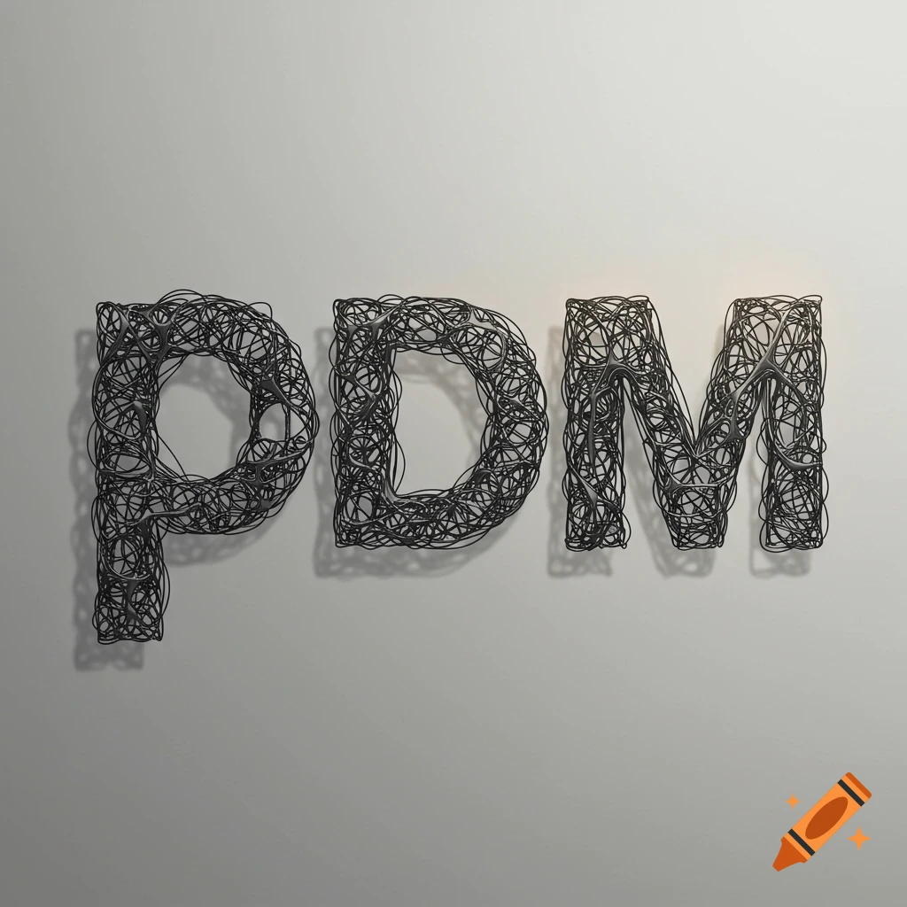 3D render of the letters PDM made from tangled black wires casting shadows.
