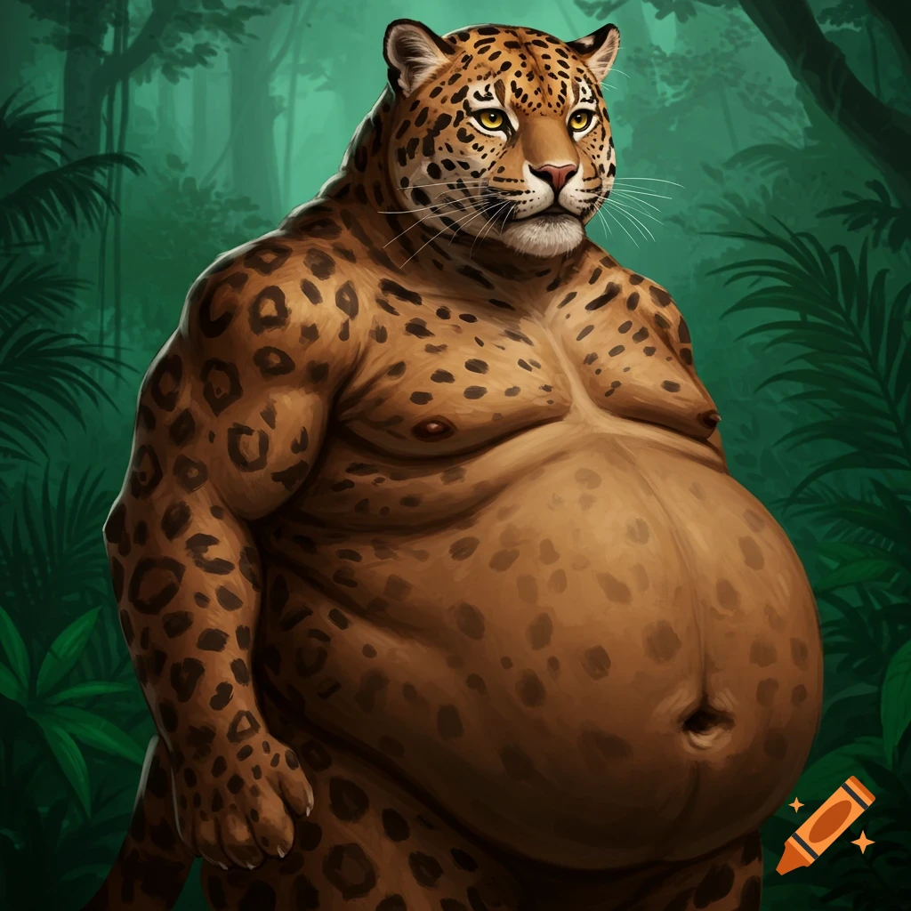 An obese humanoid jaguar stands in a jungle.