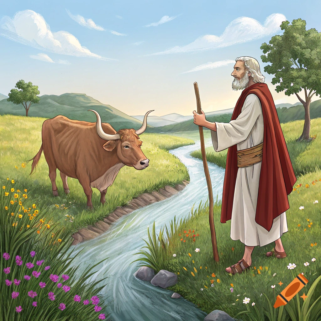 Illustration of an old man resembling Moses with a staff looking at an ox by a river in a grassy valley.