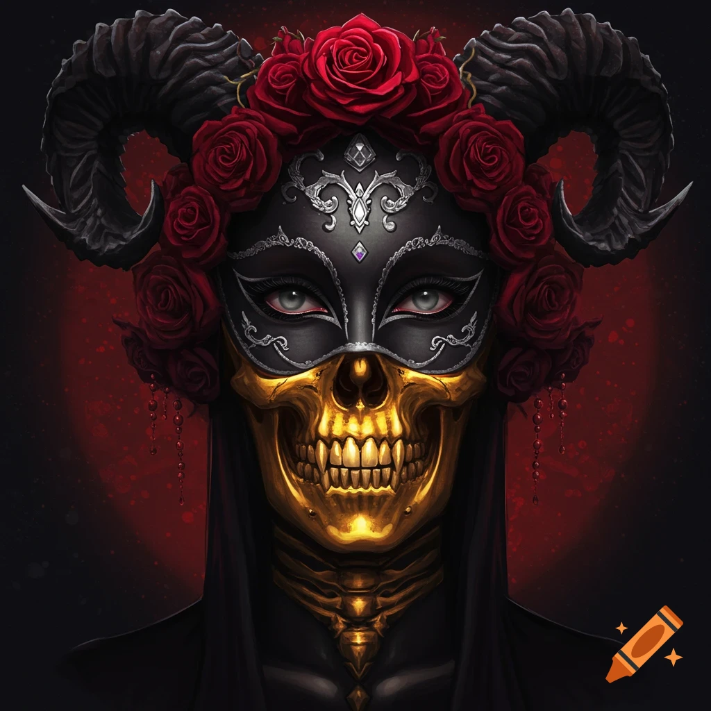 A figure wearing a mask and golden skull with horns and red roses.