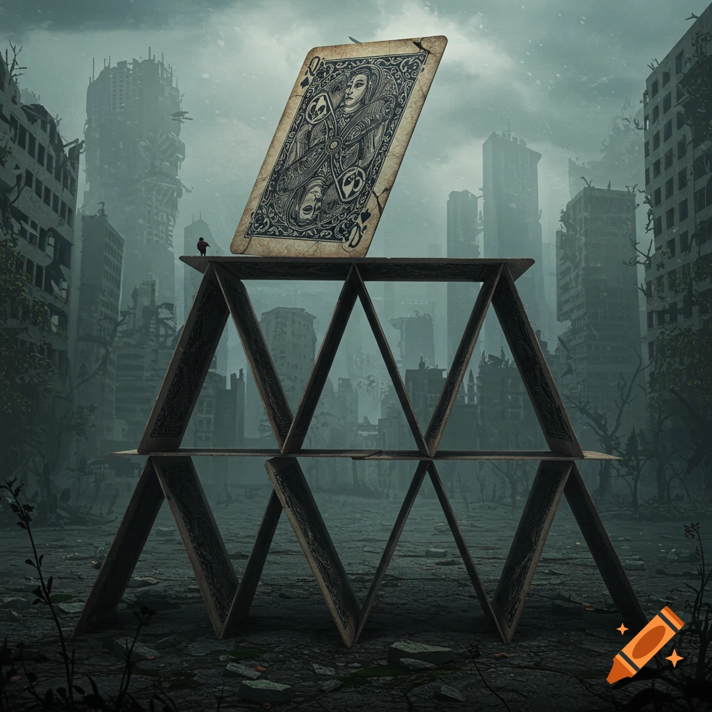 A giant house of playing cards topped with a Queen in a ruined city with a tiny person on top.