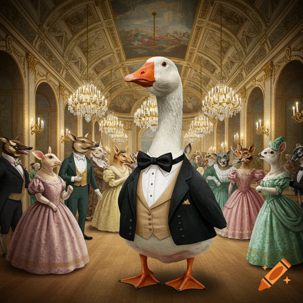 A goose in a tuxedo stands in a grand ballroom with other animals in formal attire.
