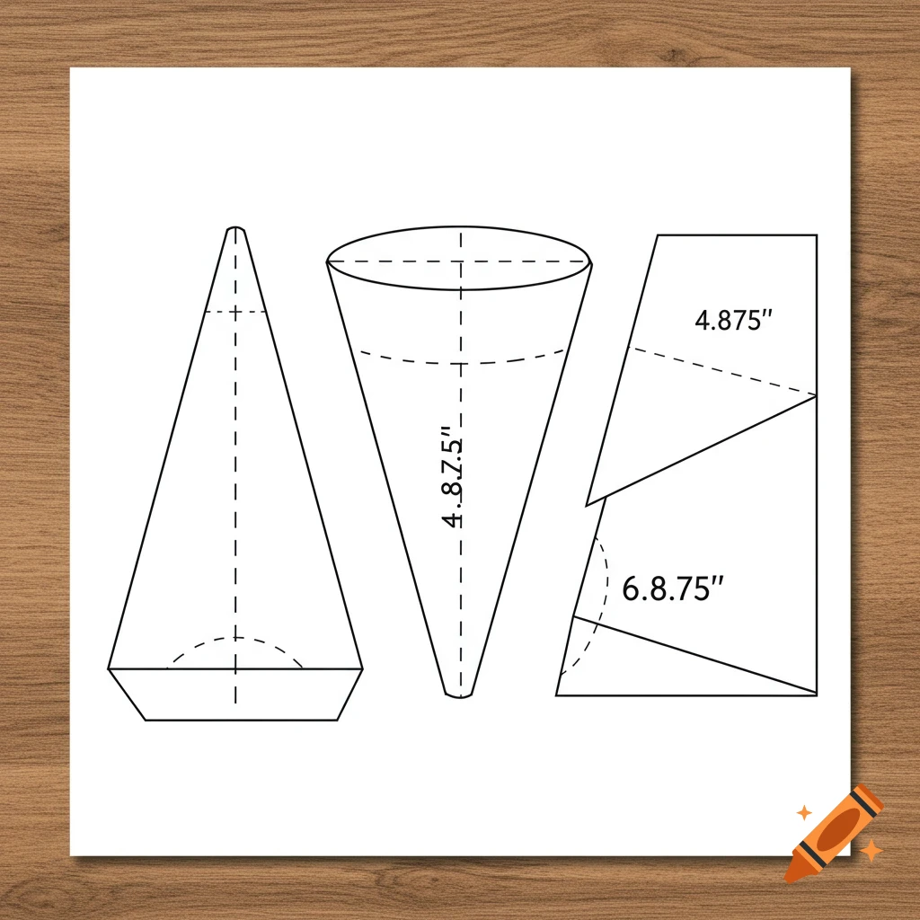 Printable cone template diagram with height and diameter indicated.