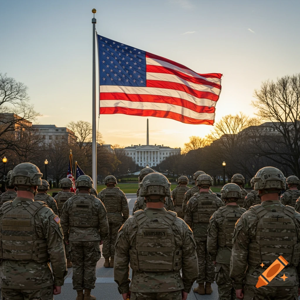 Soldiers face and salute the American flag at sunset with the Washington Monument and White House in the background.