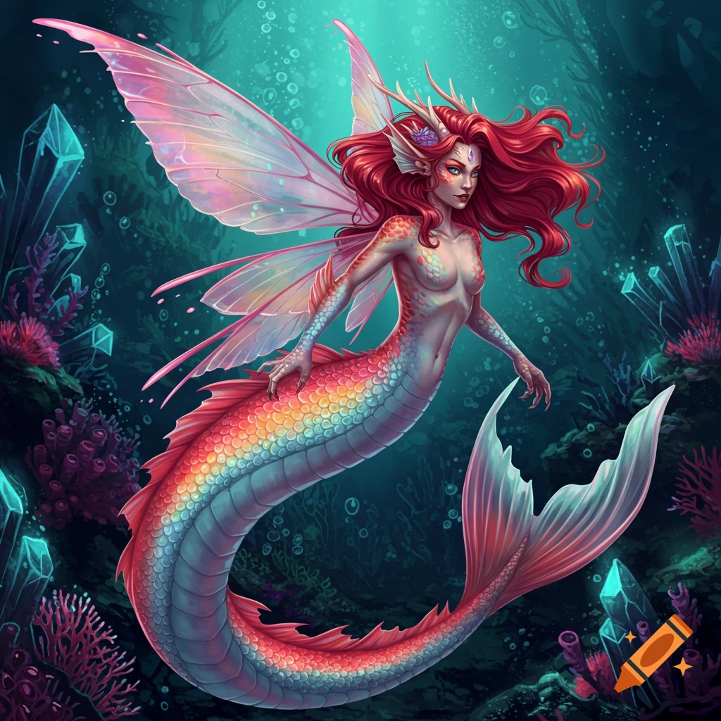 A fantasy image of a winged mermaid with red hair and a rainbow tail swimming underwater near crystals and coral.