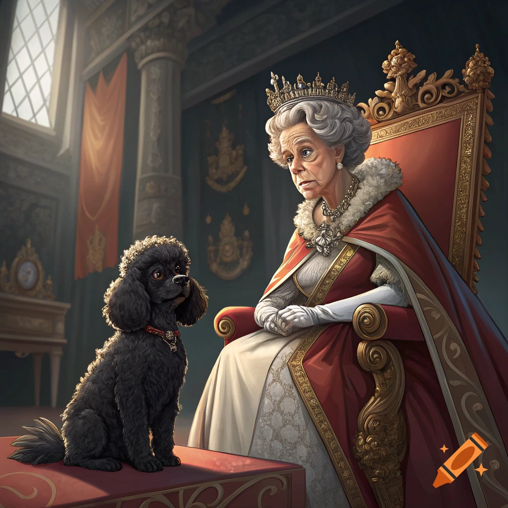 A queen in royal robes sits on a throne looking at a black poodle.