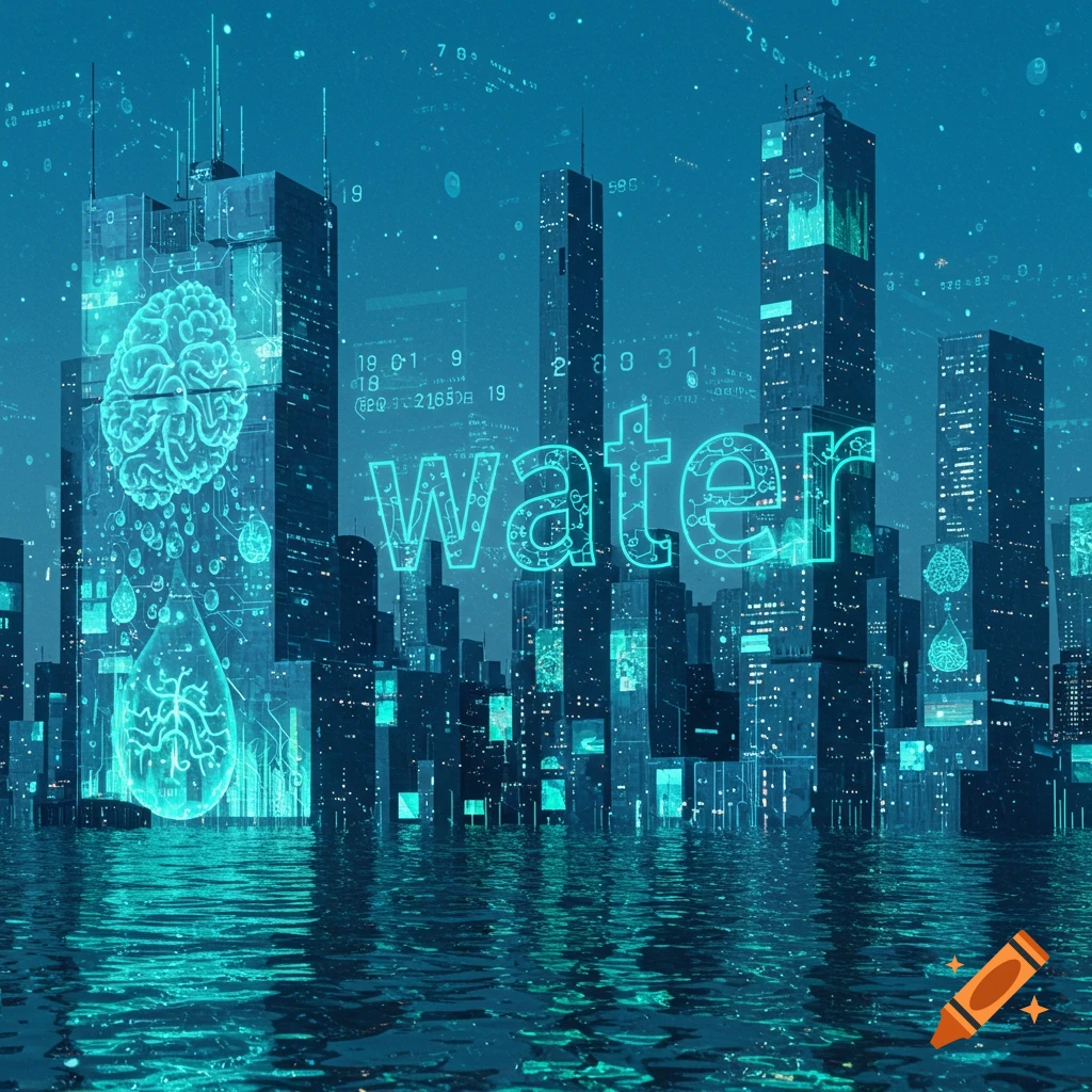 A futuristic cityscape at night, with buildings reflecting in water, covered in glowing blue circuits, brains, data, and the large word 'water'.