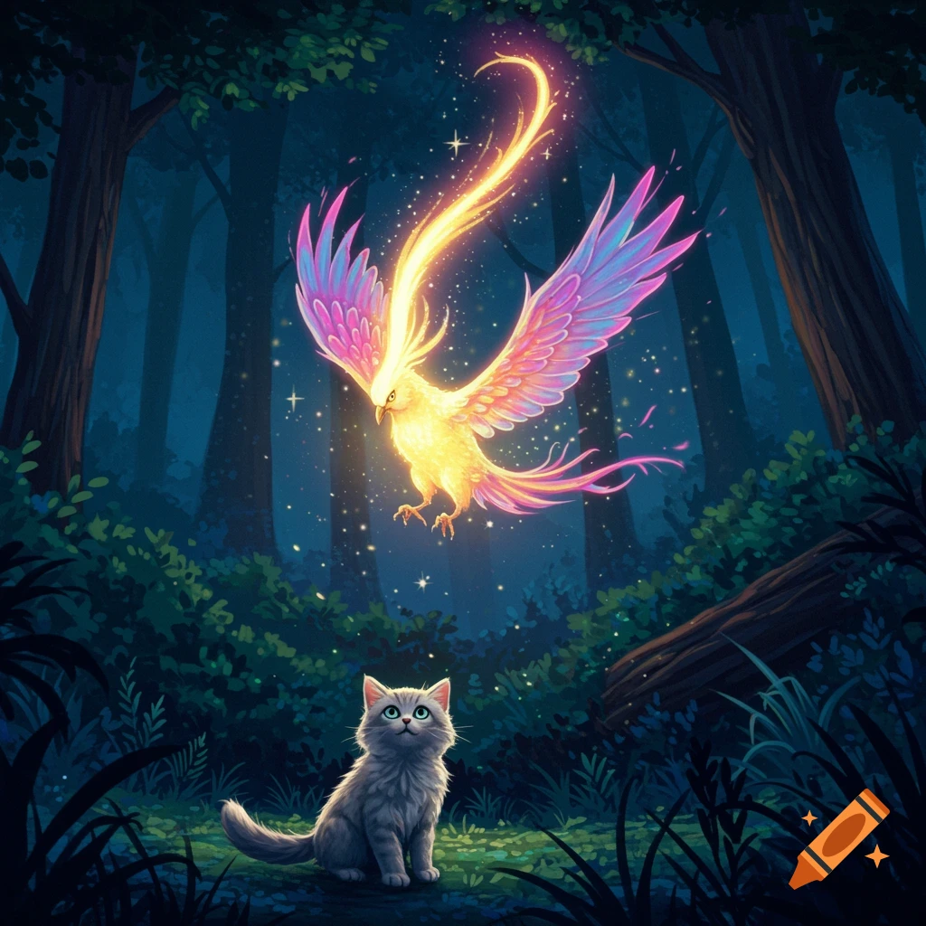 A small gray kitten looks up at a glowing phoenix-like bird in a dark fantasy forest.