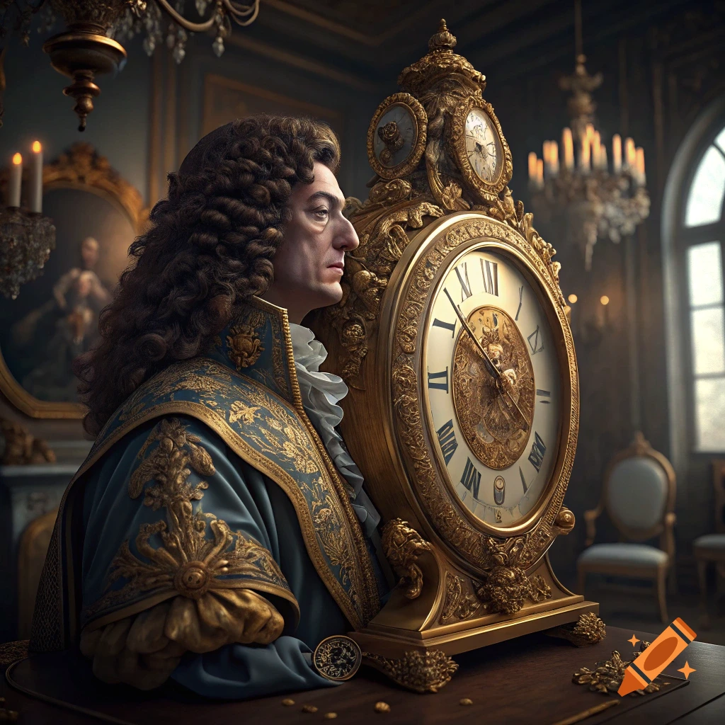 Man in historical attire looking at a grand golden clock in an ornate room.