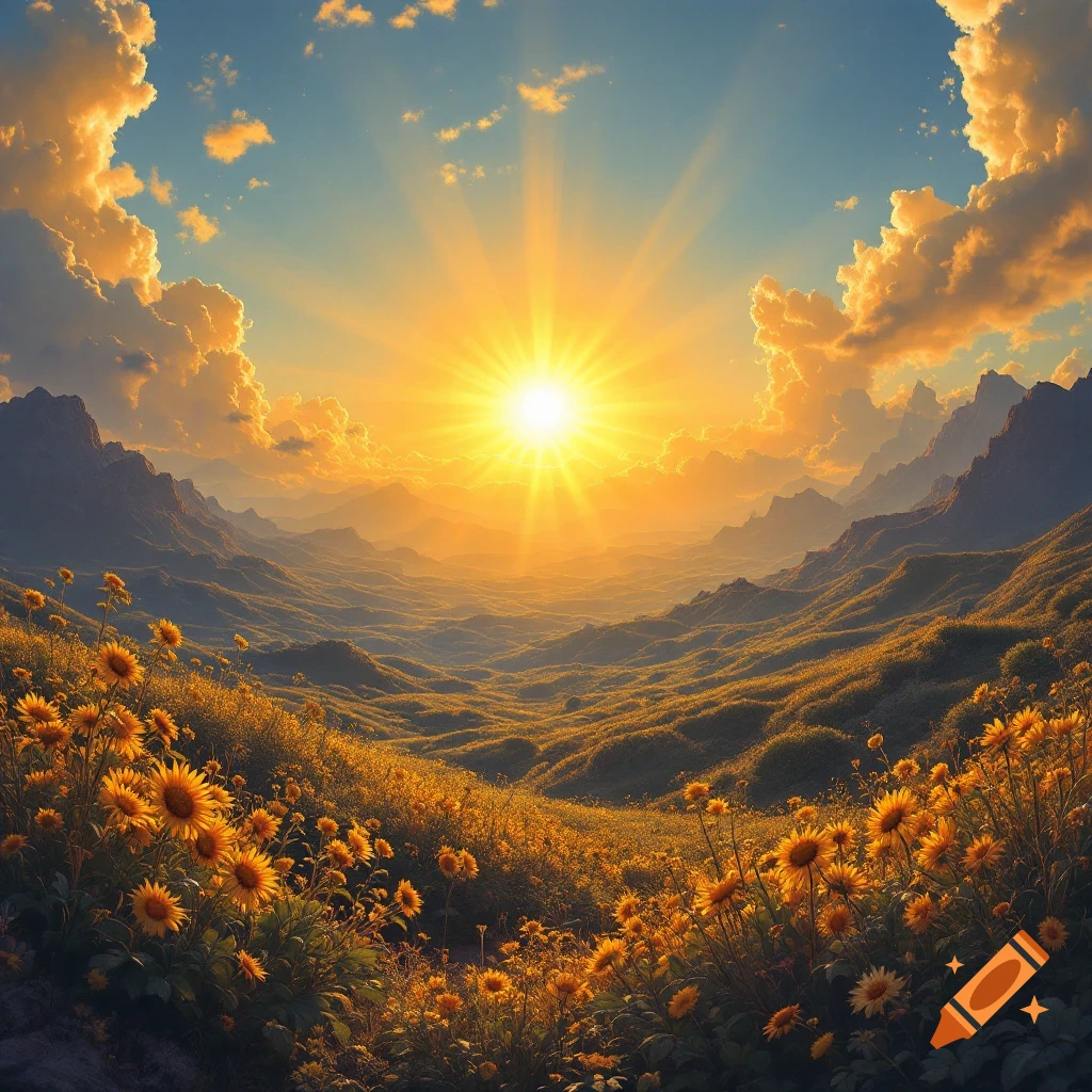 A bright sun shines over a valley filled with sunflowers, surrounded by mountains.