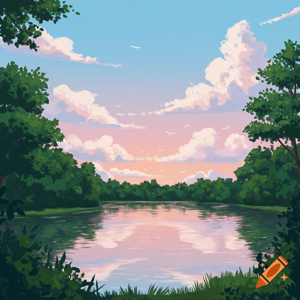 A lake surrounded by trees under a pink and blue sunset sky with clouds and birds.