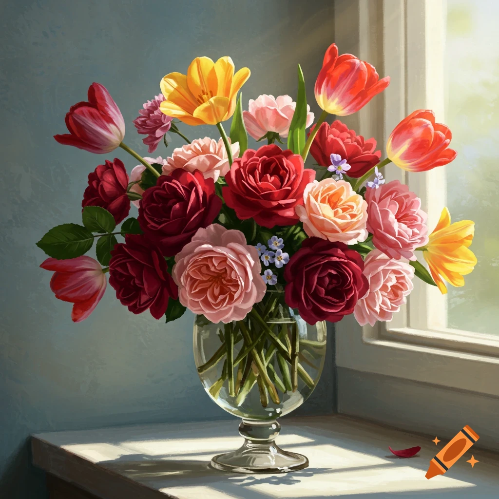 A colorful bouquet of roses and tulips in a glass vase sitting on a table by a window.