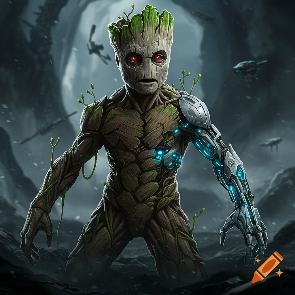 Groot as a Borg drone standing in a dark, atmospheric setting.