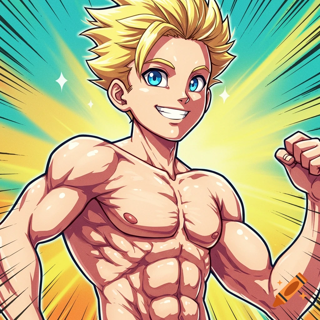 Anime portrait of a muscular young man with blonde hair and blue eyes, smiling and flexing.