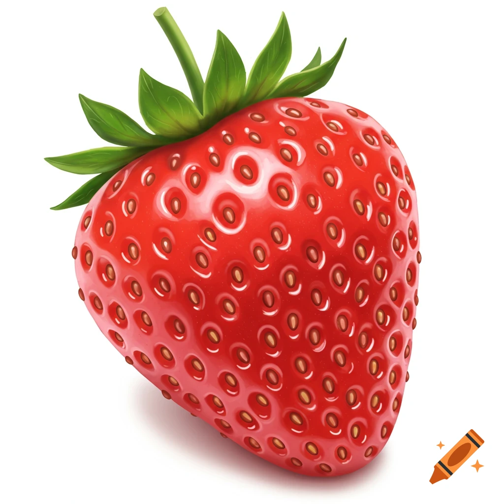 A close-up of a red strawberry with green leaves.