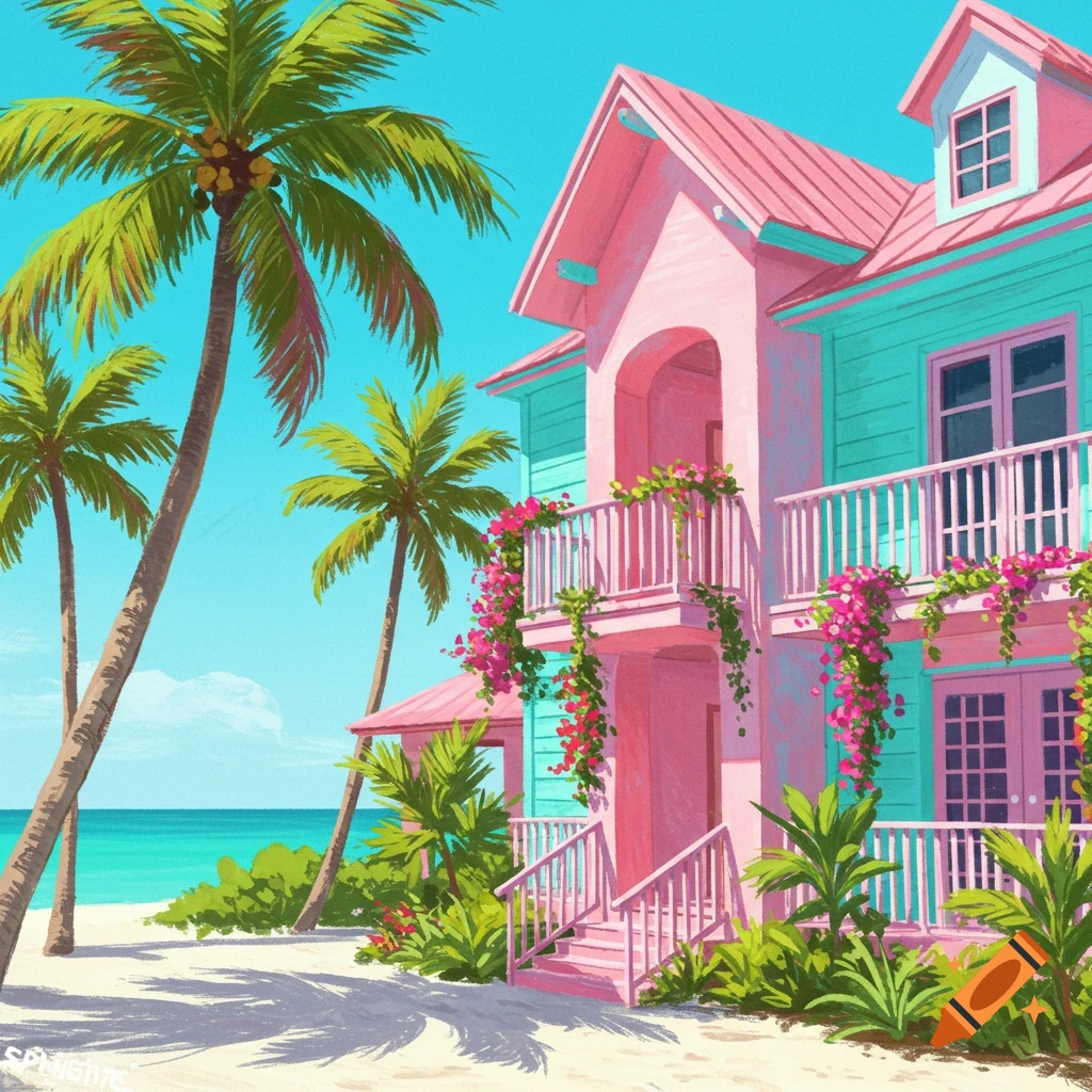 Pink and blue tropical house on a beach with palm trees.