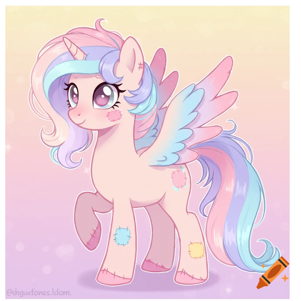 Cartoon pastel pegasus with patches and rainbow mane
