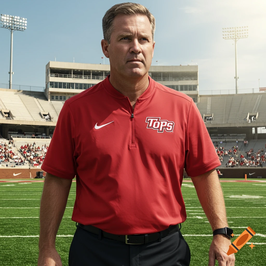 A football coach in a red shirt with a 'TOPS' logo stands on a football field in a stadium.