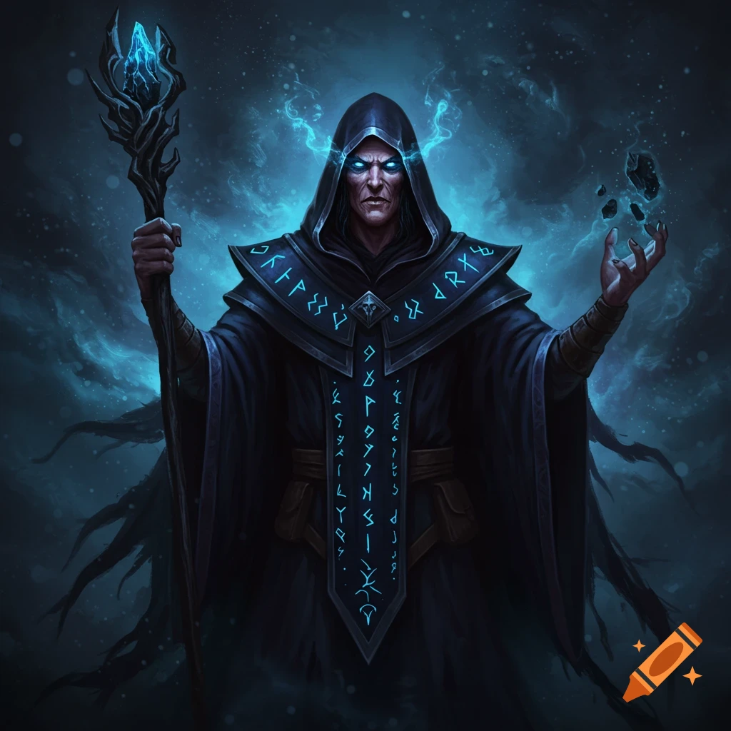 A dark fantasy mage holding a staff with glowing blue magic.