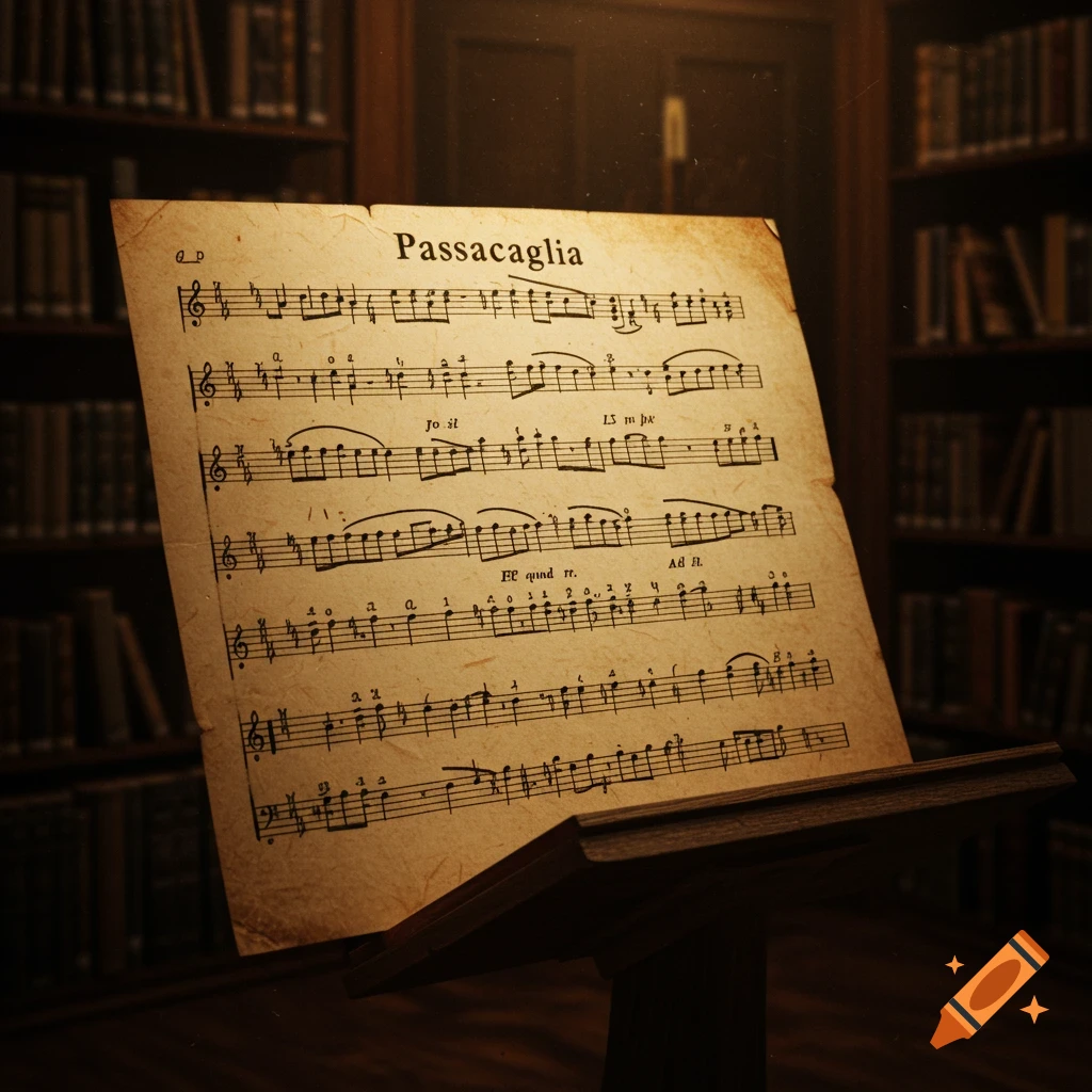Old sheet music titled Passacaglia on a stand in a dimly lit library.