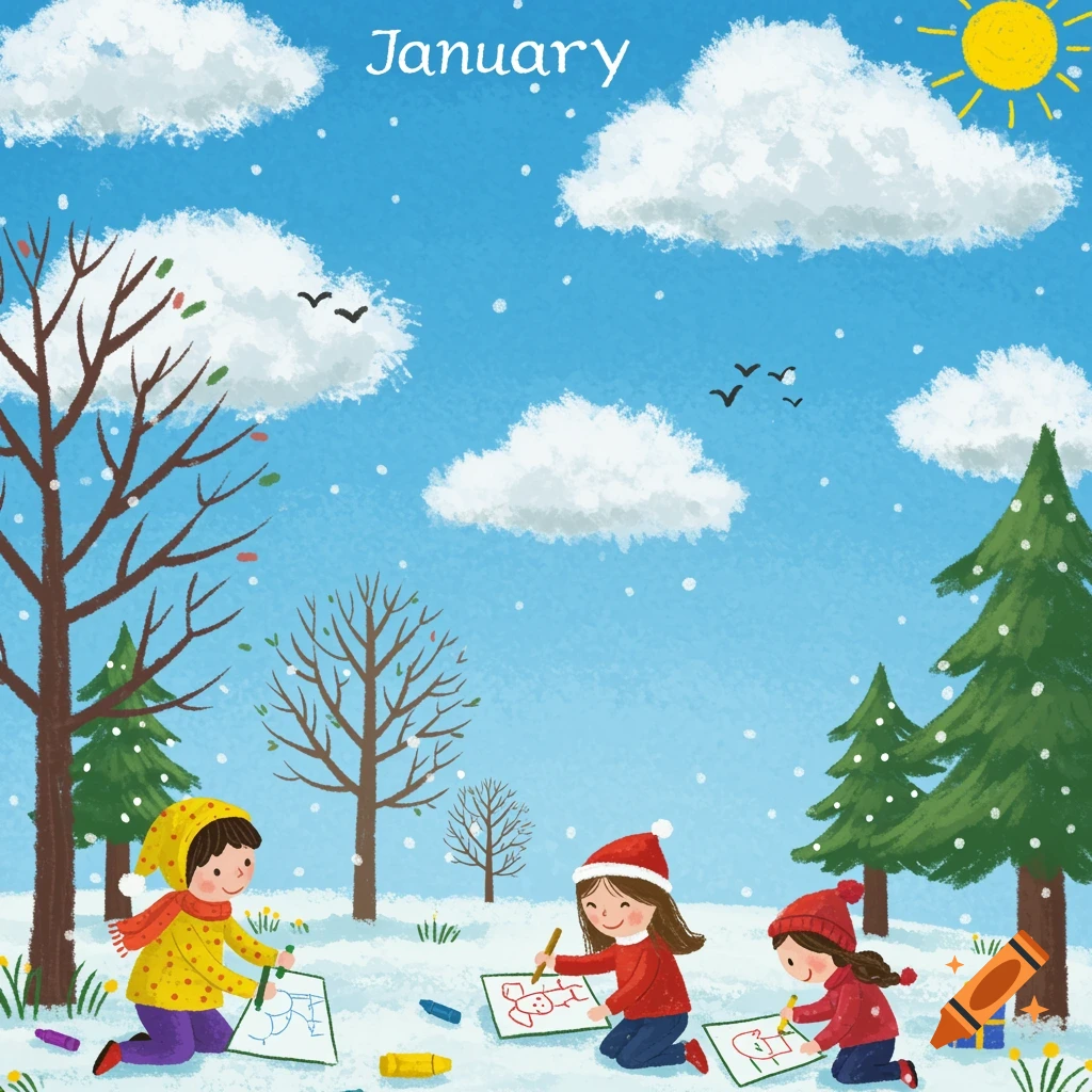 Illustration of children drawing in a snowy winter scene with trees, clouds, sun, and the word January at the top.