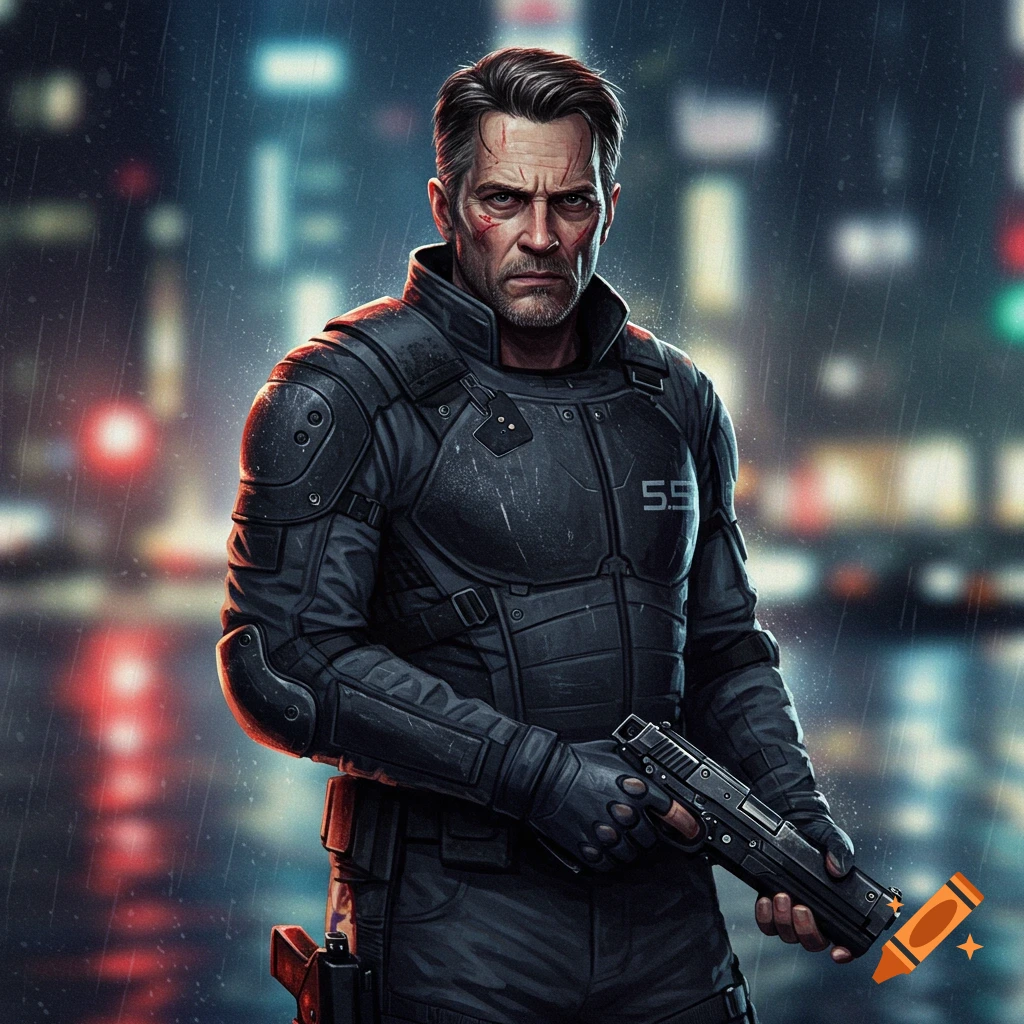 A man in futuristic armor holds a gun in a rainy city.