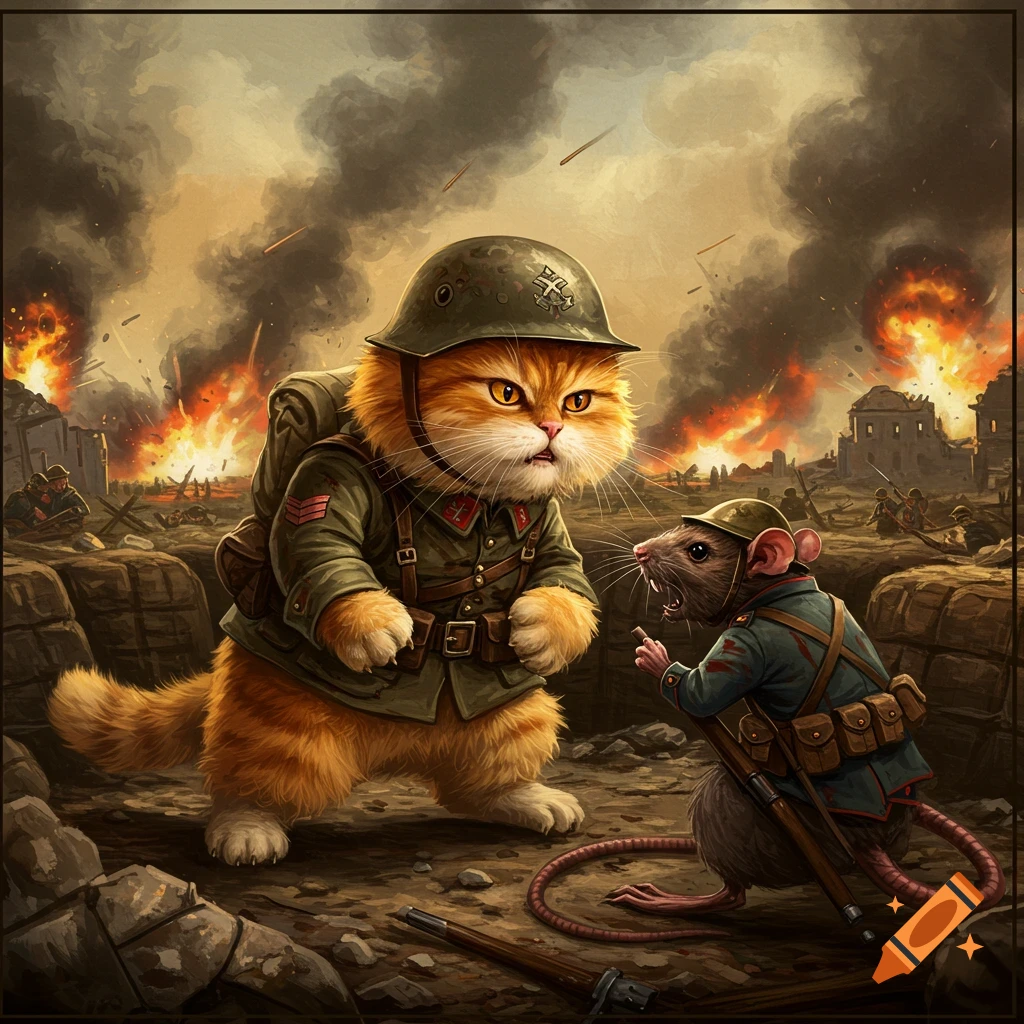 A cat and a rat in military uniforms stand in a battlefield under smoky skies.