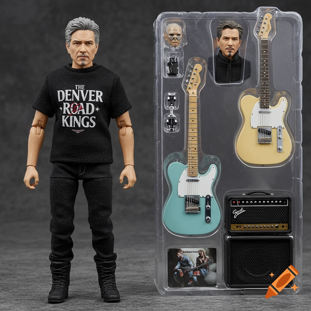 An action figure of a person wearing a t-shirt with text stands next to blister packaging containing two guitars, an amplifier, and accessories.