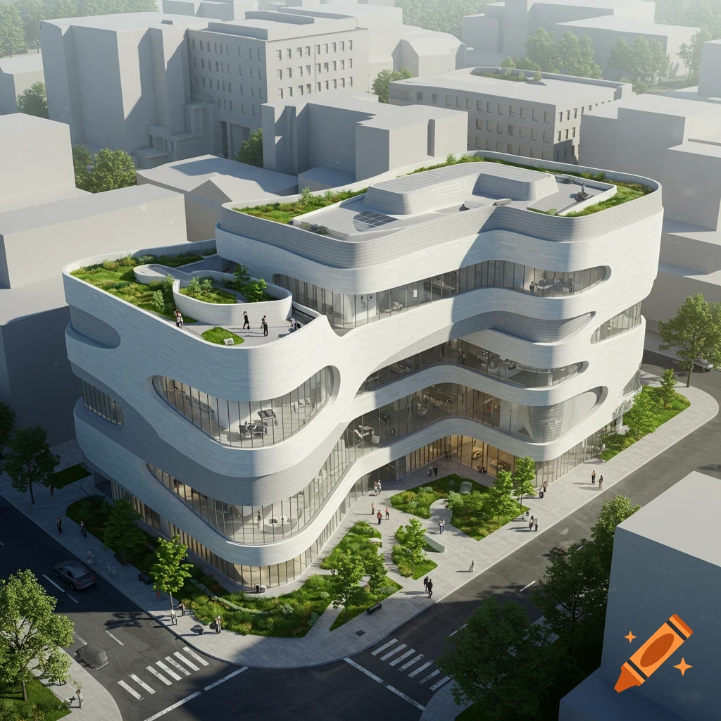 Modern curved building with green roof in a city setting with people walking on the sidewalk.